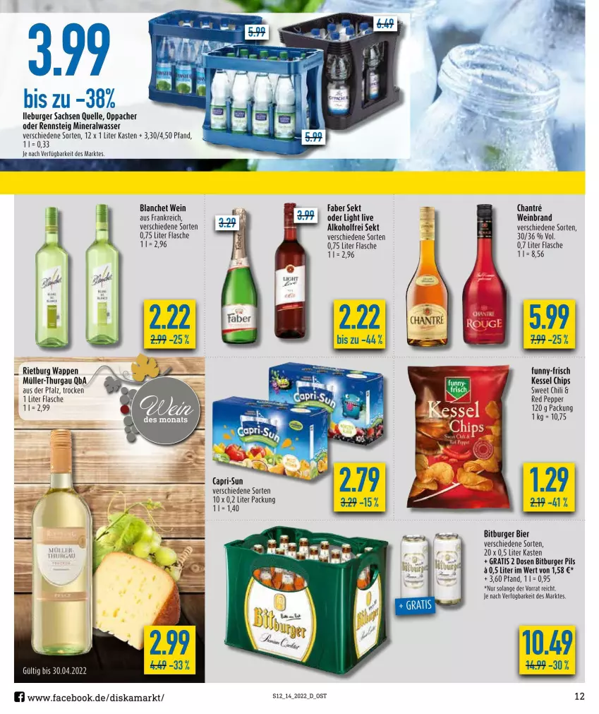 Aktueller Prospekt Diska - Prospekte - von 04.04 bis 09.04.2022 - strona 12 - produkty: alkohol, Alwa, bier, bitburger, bitburger pils, burger, Cap, capri-sun, chili, chips, elle, flasche, funny-frisch, mineralwasser, Müller, Müller-Thurgau, pils, sac, sekt, Ti, wasser, wein, weinbrand