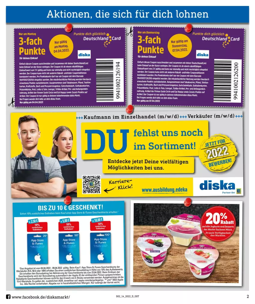 Aktueller Prospekt Diska - Prospekte - von 04.04 bis 09.04.2022 - strona 2 - produkty: angebot, Apple, arlo, auto, buch, coupon, decke, deka, deutschlandcard, eis, ente, erde, guthabenkarte, gutschein, kraft, LG, Mett, ritter, rwe, Sushi, tee, telefon, Ti, tisch, usb