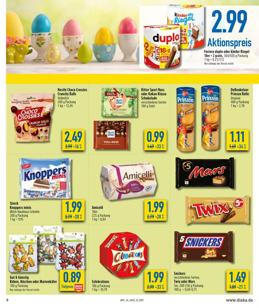 Aktueller Prospekt Diska - Prospekte - von 04.04 bis 09.04.2022 - strona 9 - produkty: aktionspreis, amicelli, ball, debeukelaer, duplo, eis, ferrero, gin, haselnuss, käfer, kakao, Kinder, kinder riegel, knoppers, mars, milch, nuss, prinzen rolle, reis, riegel, ritter, ritter sport, schoko, schokolade, snickers, Sport, storck, Ti, tiefpreis, twix, vollmilch