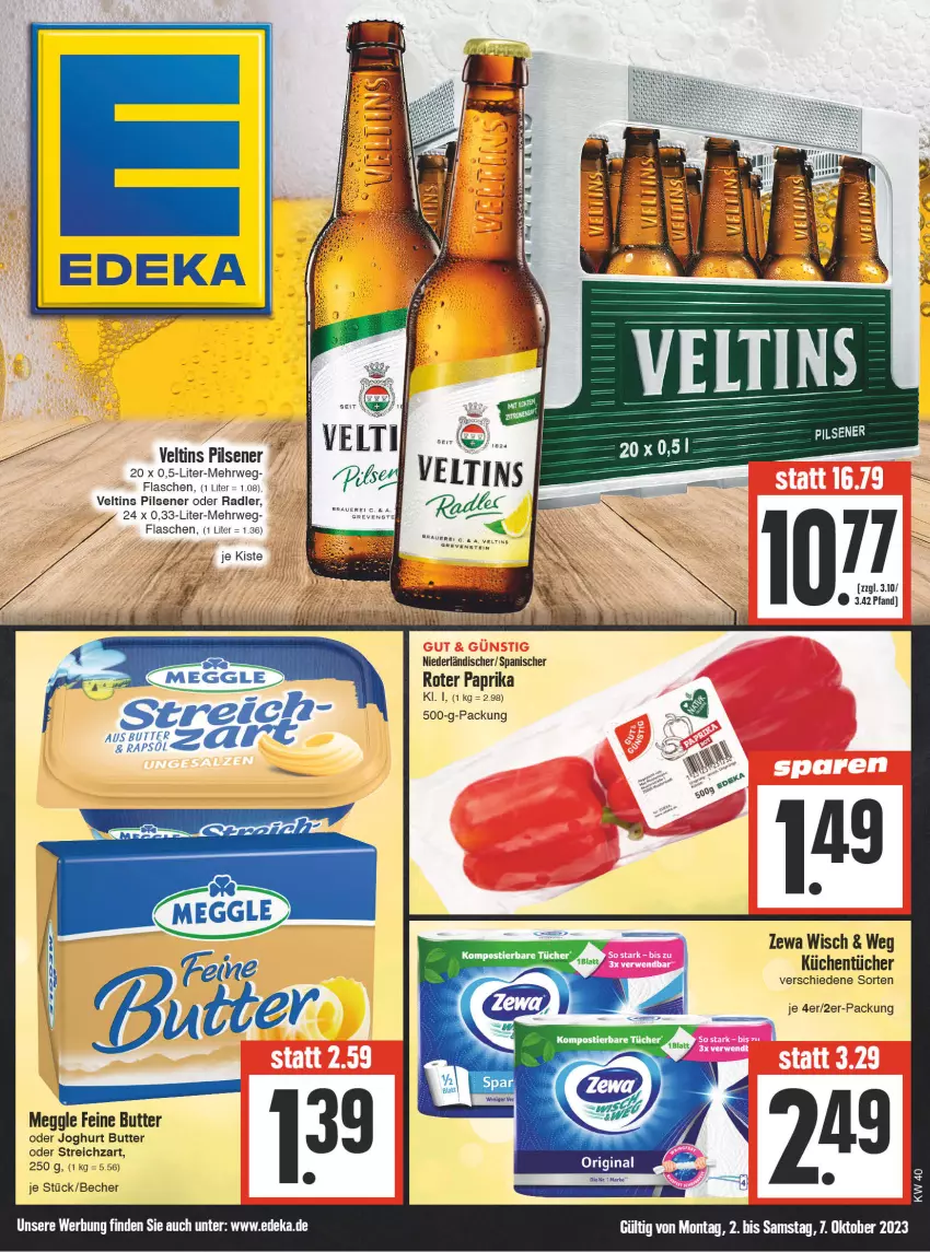 Aktueller Prospekt E Center - Angebote der Woche - von 02.10 bis 07.10.2023 - strona 1 - produkty: auer, Becher, butter, deka, flasche, joghur, joghurt, küche, Küchen, küchentücher, meggle, oder radler, paprika, pils, pilsener, radler, rwe, Stier, Streichzart, Ti, tücher, veltins, veltins pilsener