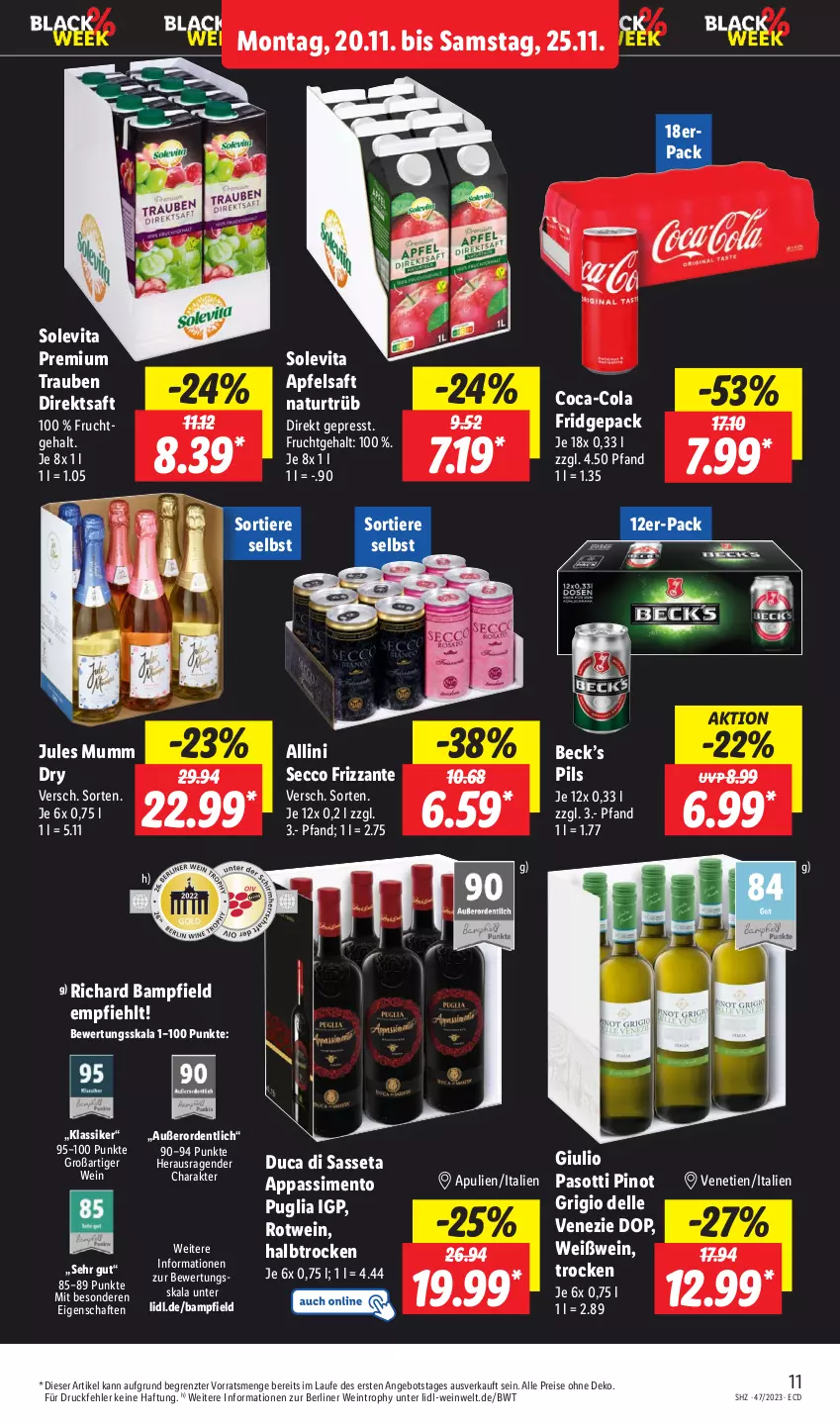 Aktueller Prospekt Lidl - Aktionsprospekt - von 20.11 bis 25.11.2023 - strona 11 - produkty: angebot, apfel, apfelsaft, berliner, coca-cola, cola, dell, direktsaft, ecco, eis, elle, frizzante, frucht, jules mumm, mumm, natur, pils, Pinot, pinot grigio, reis, rotwein, saft, sim, Ti, Tiere, trauben, vita, wein, Weißwein, ZTE