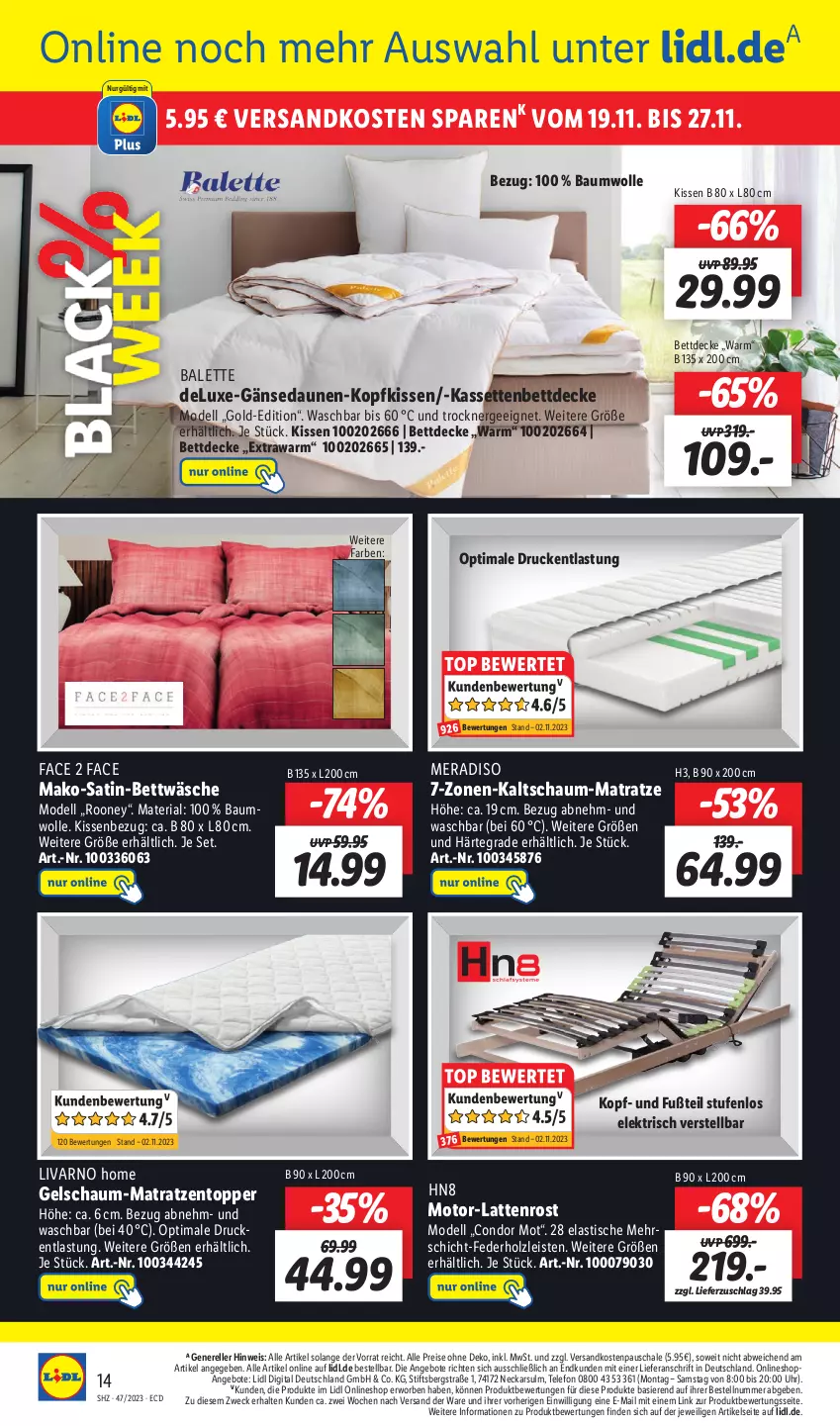 Aktueller Prospekt Lidl - Aktionsprospekt - von 20.11 bis 25.11.2023 - strona 16 - produkty: angebot, angebote, asti, Bau, baumwolle, bett, bettwäsche, decke, dell, eis, elle, Ergee, Holz, kaltschaum-matratze, kissen, Kissenbezug, kopfkissen, latte, lattenrost, matratze, matratzen, Matratzentopper, meradiso, Mode, ndk, reis, rel, Ria, satin-bettwäsche, Schal, Schale, telefon, Ti, tisch, topper, Trockner, uhr, weck, wolle