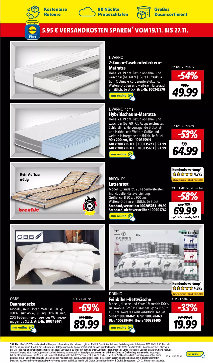 Aktueller Prospekt Lidl - Aktionsprospekt - von 20.11 bis 25.11.2023 - strona 17 - produkty: angebot, angebote, auer, auto, Bau, baumwolle, beere, bett, bettwäsche, coupon, coupons, decke, dell, eis, elle, federkern, federkernmatratze, Holz, kernmatratze, kissen, Kissenbezug, kraft, latte, lattenrost, LG, matratze, Mode, ndk, reis, Ria, Tasche, taschen, taschenfederkernmatratze, Ti, tisch, versandkostenfrei, wolle