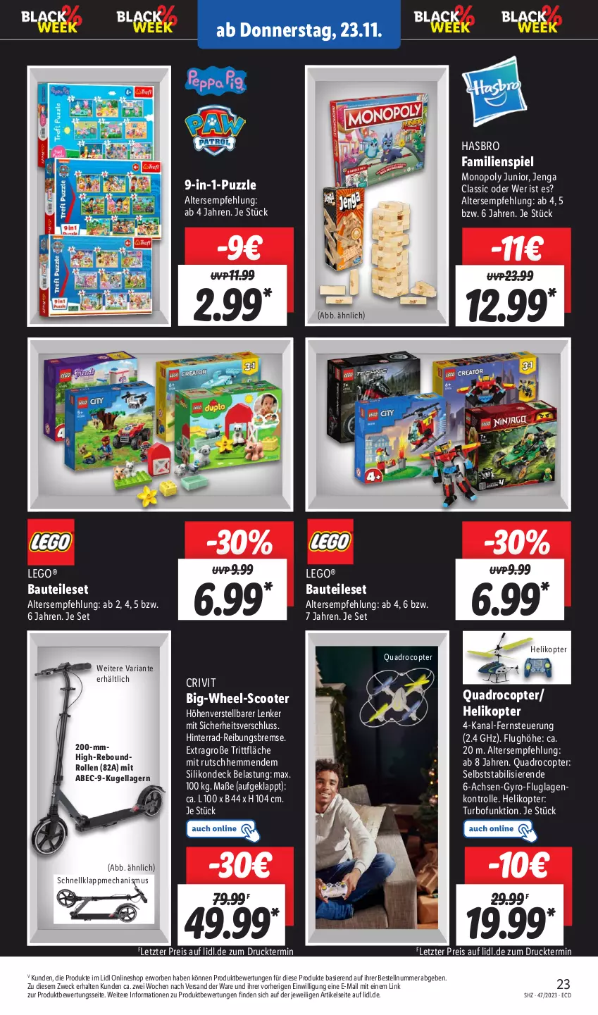 Aktueller Prospekt Lidl - Aktionsprospekt - von 20.11 bis 25.11.2023 - strona 27 - produkty: Bau, Bauteileset, crivit, eis, Familienspiel, Hasbro, Helikopter, Kugel, LEGO®, Puzzle, quad, Quadro, Quadrocopter, reis, Ria, scooter, Ti, weck, ZTE