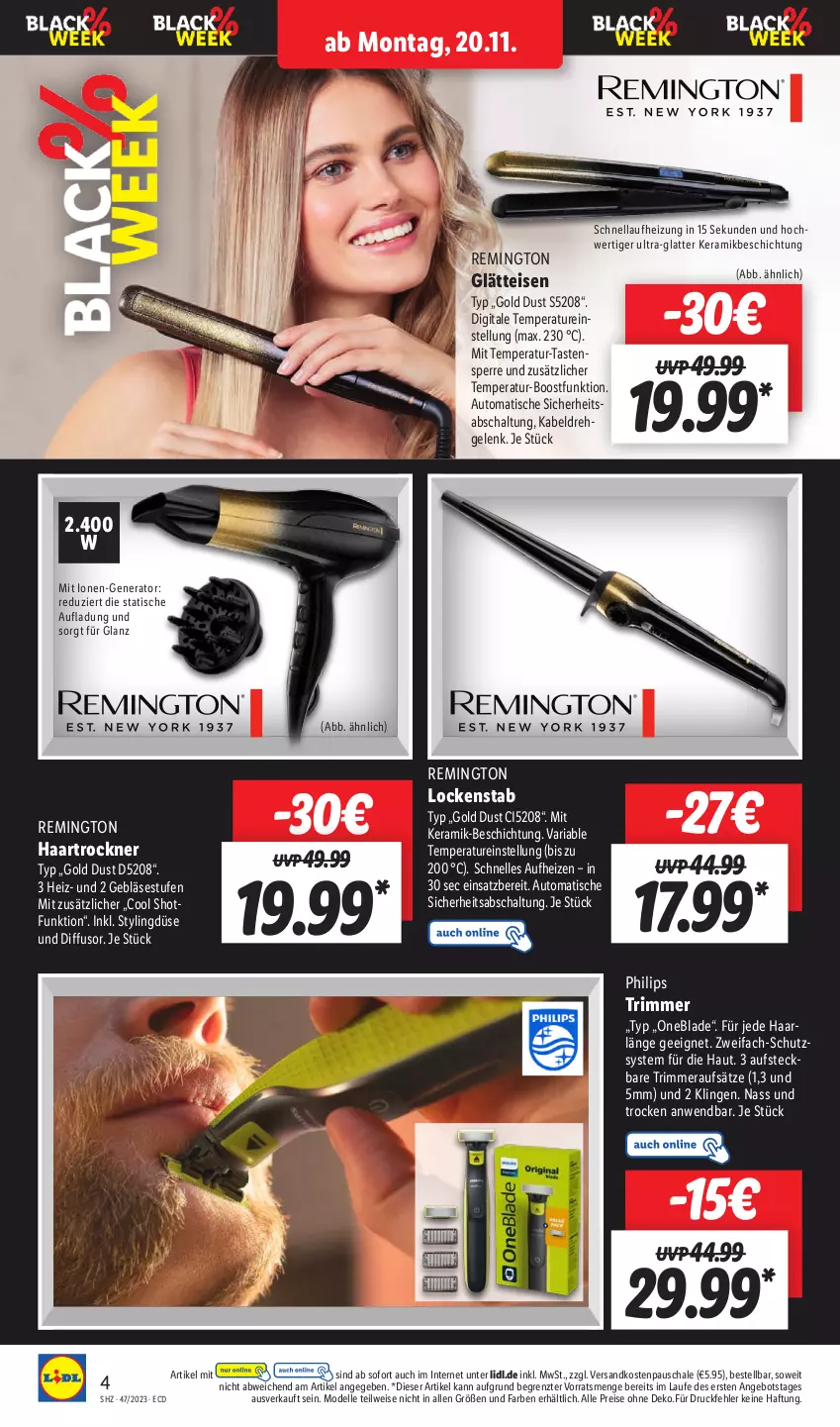 Aktueller Prospekt Lidl - Aktionsprospekt - von 20.11 bis 25.11.2023 - strona 4 - produkty: angebot, auto, dell, eis, elle, haartrockner, latte, Lockenstab, Mode, ndk, Philips, reis, remington, Ria, Schal, Schale, Ti, tisch, Trockner, ZTE