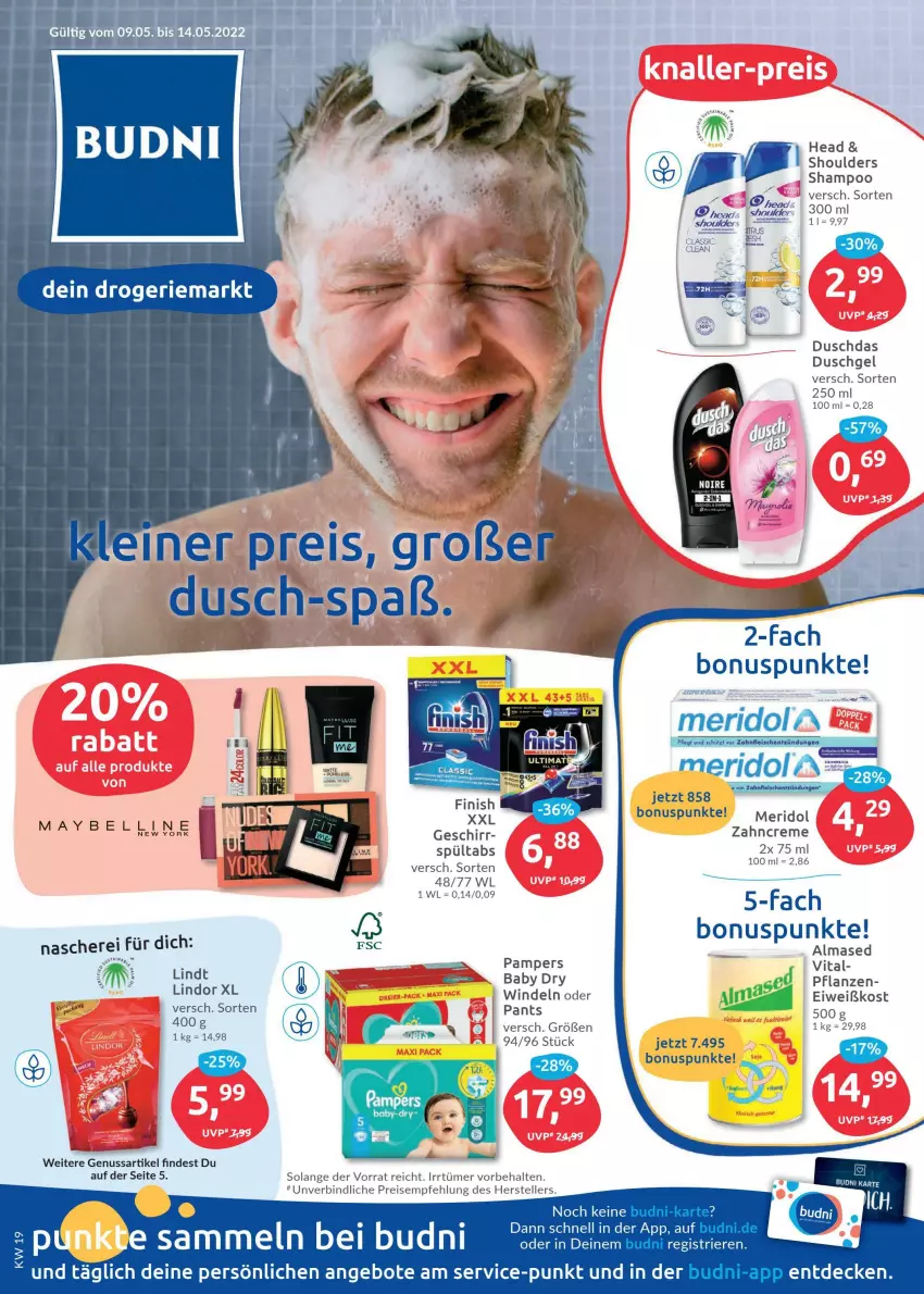 Aktueller Prospekt Budni - Prospekte - von 09.05 bis 14.05.2022 - strona 1 - produkty: angebot, angebote, creme, decke, duschdas, duschgel, eis, elle, geschirr, meridol, nuss, pampers, Pants, pflanze, pflanzen, reis, Schere, shampoo, teller, Ti, vita, windeln, zahncreme