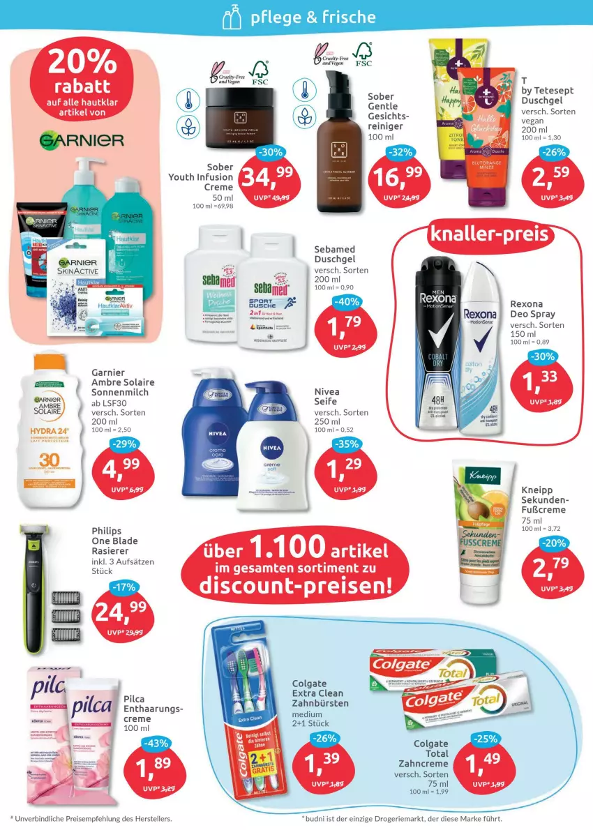 Aktueller Prospekt Budni - Prospekte - von 09.05 bis 14.05.2022 - strona 2 - produkty: Ambre Solaire, bürste, bürsten, colgate, colgate total, creme, deo, deo spray, discount, duschgel, eis, elle, garnier, Hautpflege, kneipp, Lampe, LG, milch, nivea, Philips, Pilca, rasierer, reiniger, reis, rexona, sebamed, Seife, sonnenmilch, tee, teller, Ti, Yo, zahnbürste, zahnbürsten, zahncreme