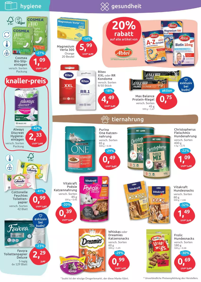 Aktueller Prospekt Budni - Prospekte - von 09.05 bis 14.05.2022 - strona 4 - produkty: Alwa, Always, bio, cosmea, cottonelle, Discreet, dreamies, eis, elle, fleisch, frolic, hundenahrung, hundesnack, hundesnacks, katzensnack, katzensnacks, Kondome, kraft, magnesium, orange, papier, purina, reis, rel, riegel, Ritex, slip, snack, snacks, teller, Ti, toilettenpapier, vita, vitakraft, whiskas