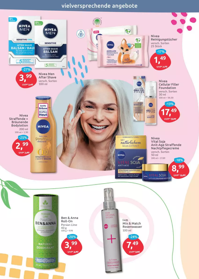 Aktueller Prospekt Budni - Prospekte - von 09.05 bis 14.05.2022 - strona 8 - produkty: after shave, angebot, angebote, balsam, Bau, body, bodylotion, cellular filler, creme, Lotion, nachtpflege, nivea, Nivea Men, Pflegecreme, Reinigung, reinigungstücher, roll-on, rosen, Rosenwasser, soja, Ti, tücher, vita, wasser