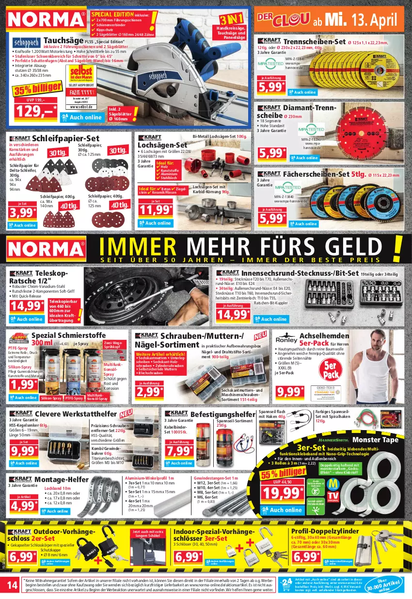 Aktueller Prospekt Norma - Norma - von 11.04 bis 18.04.2022 - strona 14 - produkty: achselhemd, aufbewahrungsbox, Bau, baumwolle, Beba, Bebe, bier, Draht, eis, elle, ente, gin, Handkreissäge, hemd, hemden, Holz, Kabelbinderset, korn, kraft, LG, monster, ndk, nuss, paneel, papier, pril, reine baumwolle, reis, reiss, rel, säge, Schleifpapier, schrauben, Spezi, stifte, Tauchsäge, Teleskop, Ti, tisch, wolle