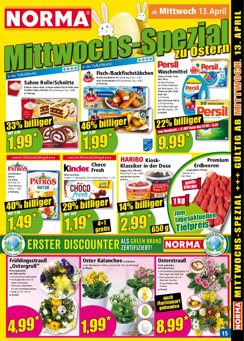 Aktueller Prospekt Norma - Norma - von 11.04 bis 18.04.2022 - strona 15 - produkty: backfisch, beere, beeren, choco fresh, chrysanthemen, cola, eier, eierlikör, eis, erdbeere, erdbeeren, fisch, fischstäbchen, flasche, früchte, Germ, Kalanchoe, kirsch, kraft, kühlregal, kulturtopf, likör, milch, natur, nuss, pfirsich, pfirsiche, pflanze, pril, regal, reis, rosen, sahne, Ti, tiefpreis, topf, Tüte, übertopf, universal pulver, waschmittel