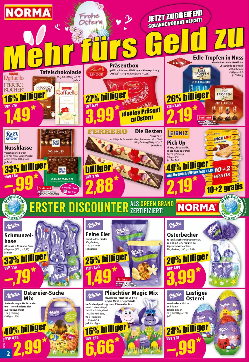 Aktueller Prospekt Norma - Norma - von 11.04 bis 18.04.2022 - strona 2 - produkty: alpenmilch, Becher, Cashew, daim, eier, ferrero, Ferrero Küsschen, geschenkpackung, kissen, Kugel, likör, linsen, Lusti, mandel, milch, milka, nuss, obst, oreo, Plüsch, riegel, schoko, schokolade, tafelschokolade, Ti, Tüte, uhr, vollmilch