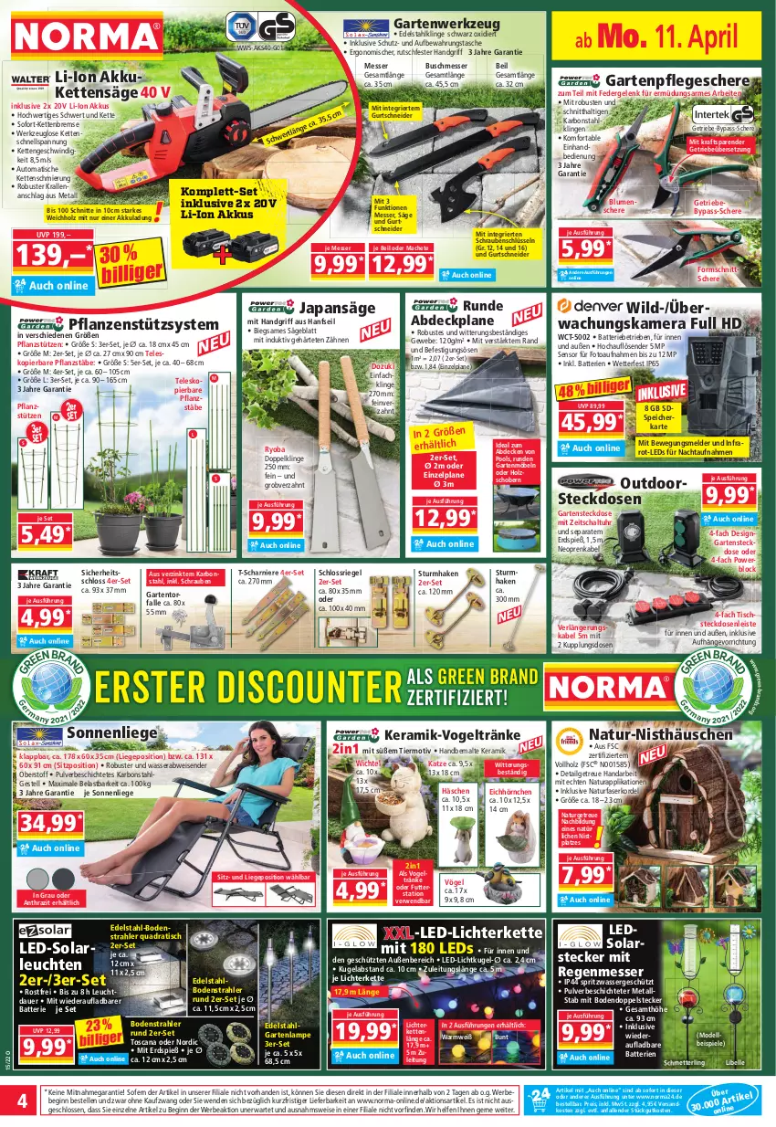 Aktueller Prospekt Norma - Norma - von 11.04 bis 18.04.2022 - strona 4 - produkty: abdeckplane, akku, auer, aufbewahrungstasche, auto, batterie, batterien, Bebe, blume, blumen, decke, dell, edelstahl, eis, elle, Garten, gartenmöbel, gin, Holz, hörnchen, Japansäge, kamera, Kette, kraft, Kugel, Lampe, led-licht, led-solarleuchte, leds, Leuchte, leuchten, LG, lichterkette, Liege, mac, messer, Mett, möbel, Mode, natur, natura, ndk, pflanze, pflanzen, pool, pril, quad, reis, riegel, rwe, säge, Schal, Schere, Schmetterling, schrauben, solarleuchte, sonnenliege, speicherkarte, Spiele, steckdose, Steckdosenleiste, Tasche, Teleskop, Ti, tisch, uhr, wasser, werkzeug, Wichtel, Wild, Yo, ZTE