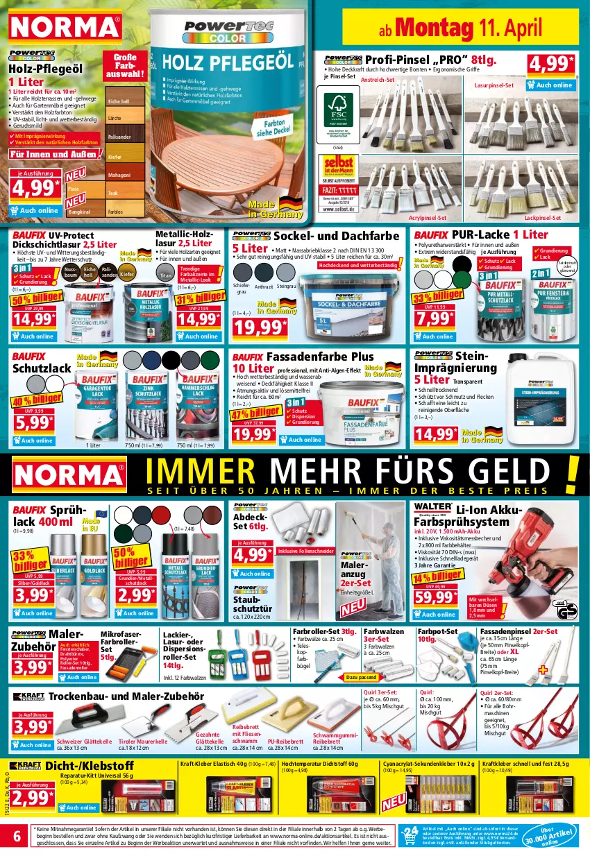 Aktueller Prospekt Norma - Norma - von 11.04 bis 18.04.2022 - strona 6 - produkty: akku, Anzug, asti, Bau, Bebe, Becher, Behälter, Brei, brie, bügel, bürste, decke, Dispersionsroller, Draht, eis, elle, ente, Farbroller, Farbwalzen, fassadenfarbe, Fassadenroller, fenster, Garten, gartenmöbel, gin, Holz, holzlasur, kleber, kraft, lack, Lacke, ladegerät, LG, Messbecher, Metallschutzlack, mikrofaser, möbel, ndk, nuss, Pflegeöl, Pinsel, pril, PUR-Lack, Reinigung, reis, Roller, schnellladegerät, schwamm, Sprühlack, Teleskop, Ti, tisch, wasser, ZTE