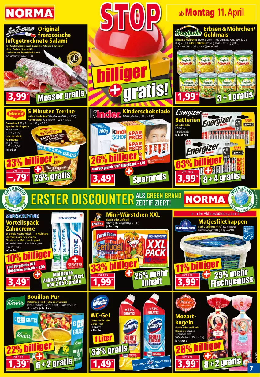 Aktueller Prospekt Norma - Norma - von 11.04 bis 18.04.2022 - strona 7 - produkty: batterie, batterien, Becher, beere, Berger, bolognese, Brei, citrus, creme, eis, erbsen, filet, fisch, fische, flasche, Geflügel, gin, Goldmais, gulasch, himbeer, himbeere, hühner, kartoffel, kartoffelbrei, Kinder, Kugel, kühlregal, Luftgetrocknete Salami, mais, matjes, Matjesfilet, messer, Mini-Würstchen, nudel, nudeln, nuss, pril, regal, reis, rind, salami, sauce, schoko, schokolade, spaghetti, spaghetti bolognese, Spezi, terrine, Ti, topf, Waage, wc-gel, würstchen, zahncreme, Zelt