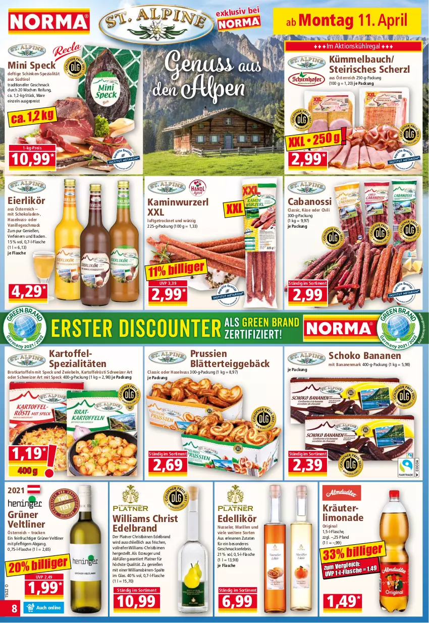 Aktueller Prospekt Norma - Norma - von 11.04 bis 18.04.2022 - strona 8 - produkty: banane, bananen, Bau, Birnen, blätterteig, blätterteiggebäck, Cabanossi, chili, dell, eier, eierlikör, eis, elle, flasche, frucht, gin, grüner veltliner, haselnuss, Kamin, Kaminwurz, kartoffel, kartoffeln, Käse, kräuter, kühlregal, Kümmelbauch, likör, limo, limonade, mac, nuss, pril, regal, reifen, reis, schinken, schoko, schokolade, schokoladen, Speck, Spezi, Ti, vanille, zwiebel, zwiebeln