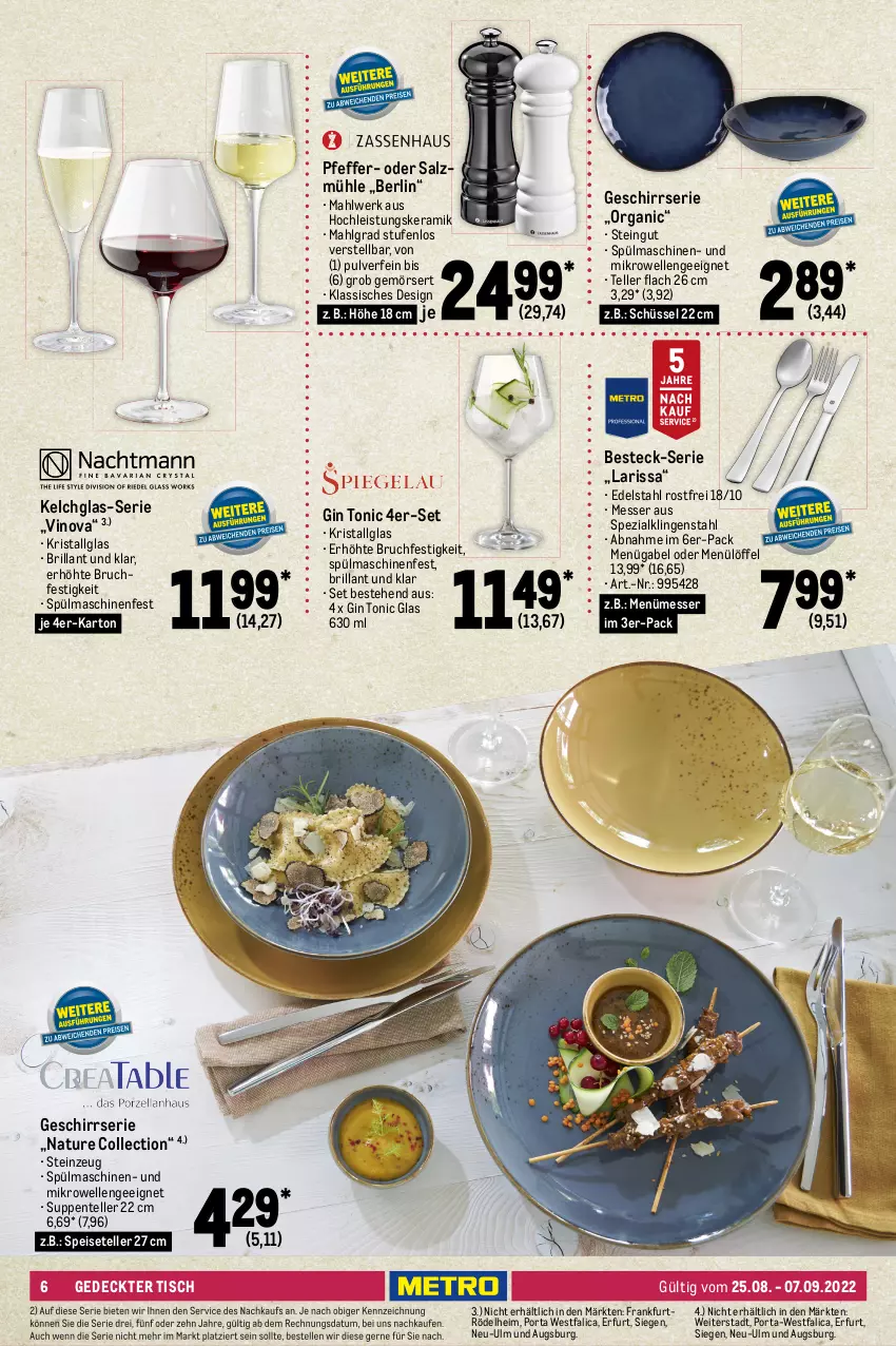 Aktueller Prospekt Metro - Kochen Spezial - von 25.08 bis 07.09.2022 - strona 6 - produkty: backofen, besteck, besteck-set, brie, brut, cabernet, dessert, Dessertteller, edelstahl, eis, elle, ente, gabel, geschirr, Geschirrserie, gin, Holz, kaffee, kuchen, latte, LG, Löffel, messer, mikrowelle, natur, Ofen, pfeffer, Pfeffermühle, quad, reis, riesling, salz, Salzmühle, schüssel, Speiseteller, Spezi, spülmaschinen, suppe, suppen, teller, Ti, tisch, tonic