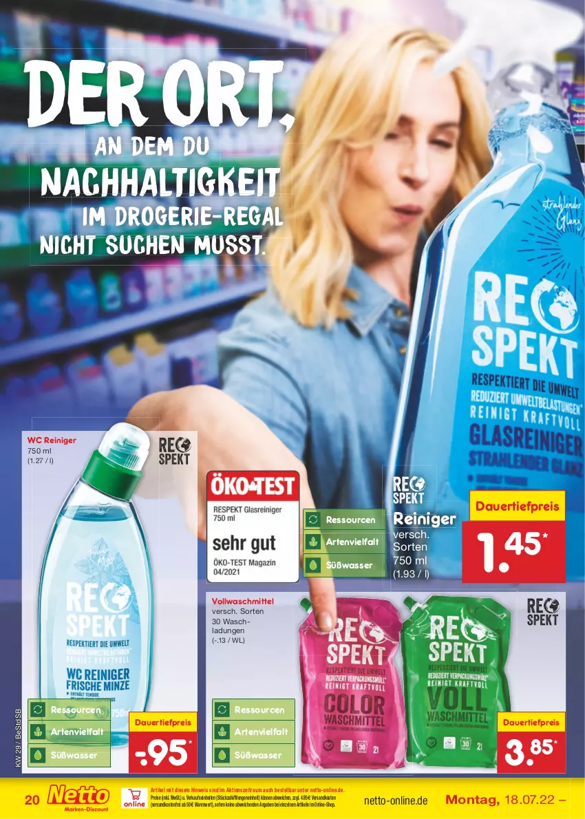 Aktueller Prospekt Netto Marken-Discount - Filial-Angebote - von 18.07 bis 23.07.2022 - strona 20 - produkty: auer, dauertiefpreis, eis, ndk, regal, reiniger, reis, Ti, tiefpreis, versandkostenfrei, vollwaschmittel, waschmittel, wasser