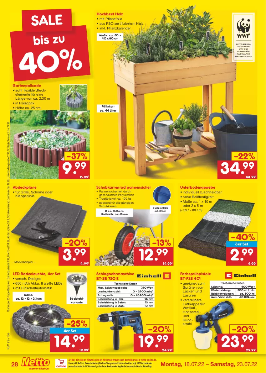 Aktueller Prospekt Netto Marken-Discount - Filial-Angebote - von 18.07 bis 23.07.2022 - strona 28 - produkty: abdeckplane, akku, auto, Behälter, bestpreis, Brei, dell, discount, edelstahl, eis, ente, Garten, grill, Holz, HP, Klappstühl, lack, Lacke, leds, Leuchte, Mode, ndk, passend für alle, reis, Ria, Schal, schirme, schlagbohrmaschine, Sprühpistole, Stühl, Ti, versandkostenfrei