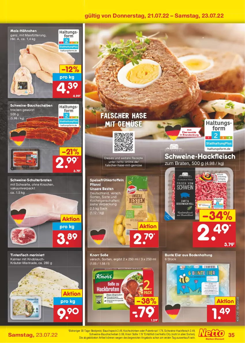 Aktueller Prospekt Netto Marken-Discount - Filial-Angebote - von 18.07 bis 23.07.2022 - strona 35 - produkty: angebot, Bau, bauchscheiben, bestpreis, braten, eier, eis, fisch, fleisch, Frühkartoffeln, gewürz, hackfleisch, kartoffel, kartoffeln, knoblauch, knorr, kochschinken, kräuter, mais, marinade, mit gemüse, mit knoblauch, pfanni, pute, putenbrust, reis, rezept, rezepte, sac, schinken, schwein, schweine, schweine-bauch, schweine-bauchscheiben, Soße, Speck, speisefrühkartoffeln, Ti, wein, weine, ZTE