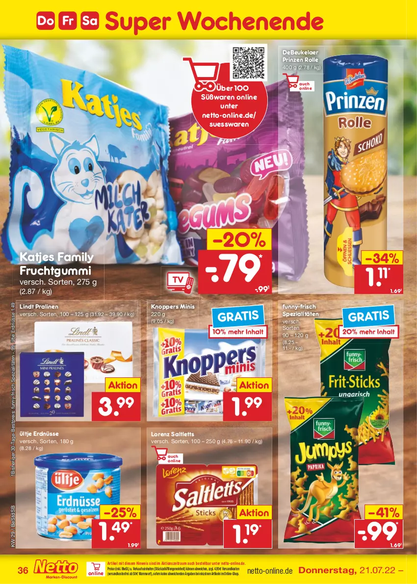 Aktueller Prospekt Netto Marken-Discount - Filial-Angebote - von 18.07 bis 23.07.2022 - strona 36 - produkty: bestpreis, debeukelaer, eis, erdnüsse, frucht, fruchtgummi, funny-frisch, katjes, knoppers, lindt, lorenz, ndk, pralinen, prinzen rolle, reis, saltletts, Spezi, Ti, ültje, ültje erdnüsse, versandkostenfrei