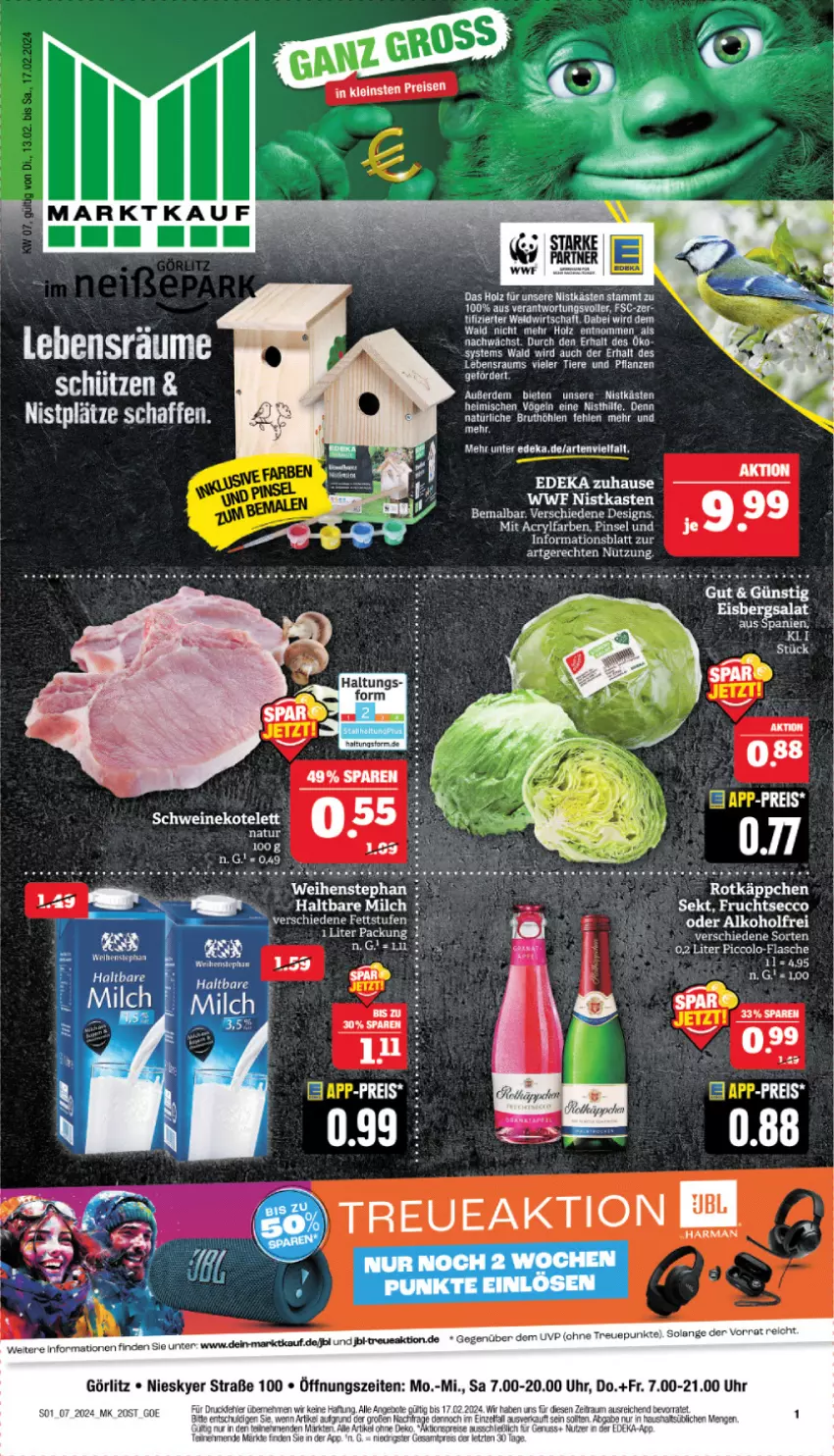 Aktueller Prospekt Marktkauf - Prospekt - von 11.02 bis 17.02.2024 - strona 1 - produkty: alkohol, brut, deka, ecco, eis, eisbergsalat, erde, frucht, fruchtsecco, haltbare milch, harman, Holz, jbl, kotelett, milch, natur, pflanze, pflanzen, Pinsel, reis, salat, schwein, schweine, schweinekotelett, sekt, tee, Ti, Tiere, uhr, weihenstephan, wein, weine, ZTE