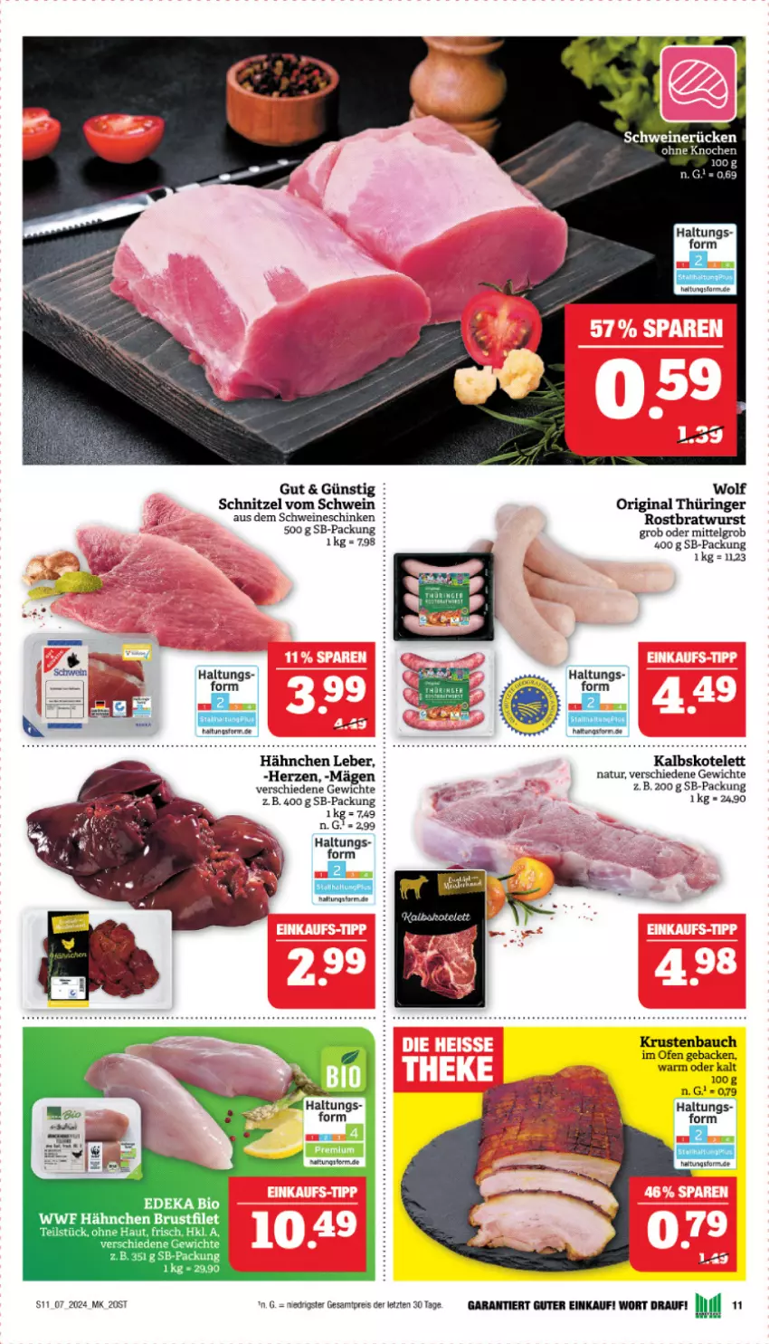 Aktueller Prospekt Marktkauf - Prospekt - von 11.02 bis 17.02.2024 - strona 11 - produkty: Bau, bio, bratwurst, brustfilet, deka, edeka bio, eis, filet, geback, gin, kalbskotelett, kotelett, LG, natur, Ofen, original thüringer, reis, ring, rostbratwurst, schinken, schnitzel, schwein, schweine, thüringer rostbratwurst, Ti, wein, weine, wurst, ZTE