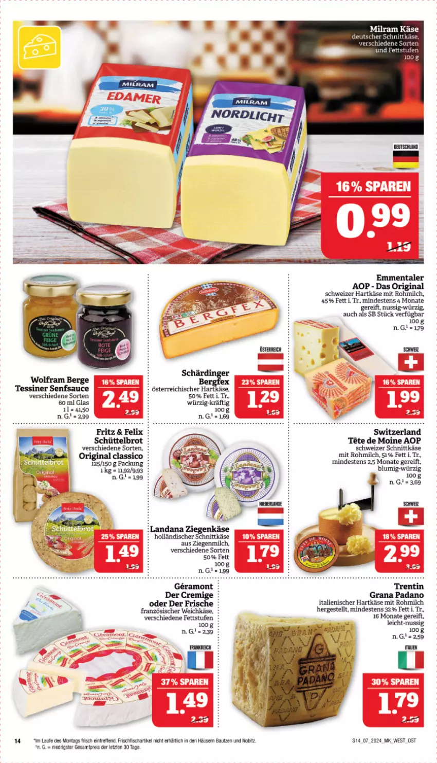 Aktueller Prospekt Marktkauf - Prospekt - von 11.02 bis 17.02.2024 - strona 14 - produkty: Bau, brot, classico, eis, emmentaler, felix, fisch, französischer weichkäse, frischfisch, fritz, grana, grana padano, hartkäse, holländischer schnittkäse, italienischer hartkäse, Käse, milch, nuss, padano, Rana, reis, sauce, Schärdinger, schnittkäse, schweizer hartkäse, schweizer schnittkäse, senf, Ti, weichkäse, ziegenkäse, ZTE