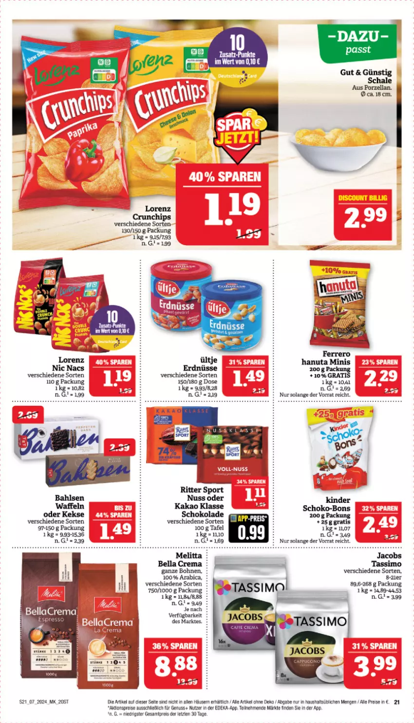 Aktueller Prospekt Marktkauf - Prospekt - von 11.02 bis 17.02.2024 - strona 21 - produkty: aktionspreis, bahlsen, bellacrema, bohne, bohnen, chips, cin, crunchips, deka, eis, erdnüsse, hanuta, jacobs, kakao, keks, kekse, Kinder, LG, lorenz, lorenz crunchips, melitta, nuss, reis, schoko, schoko-bons, schokolade, sim, tassimo, Ti, ültje, waffeln, ZTE