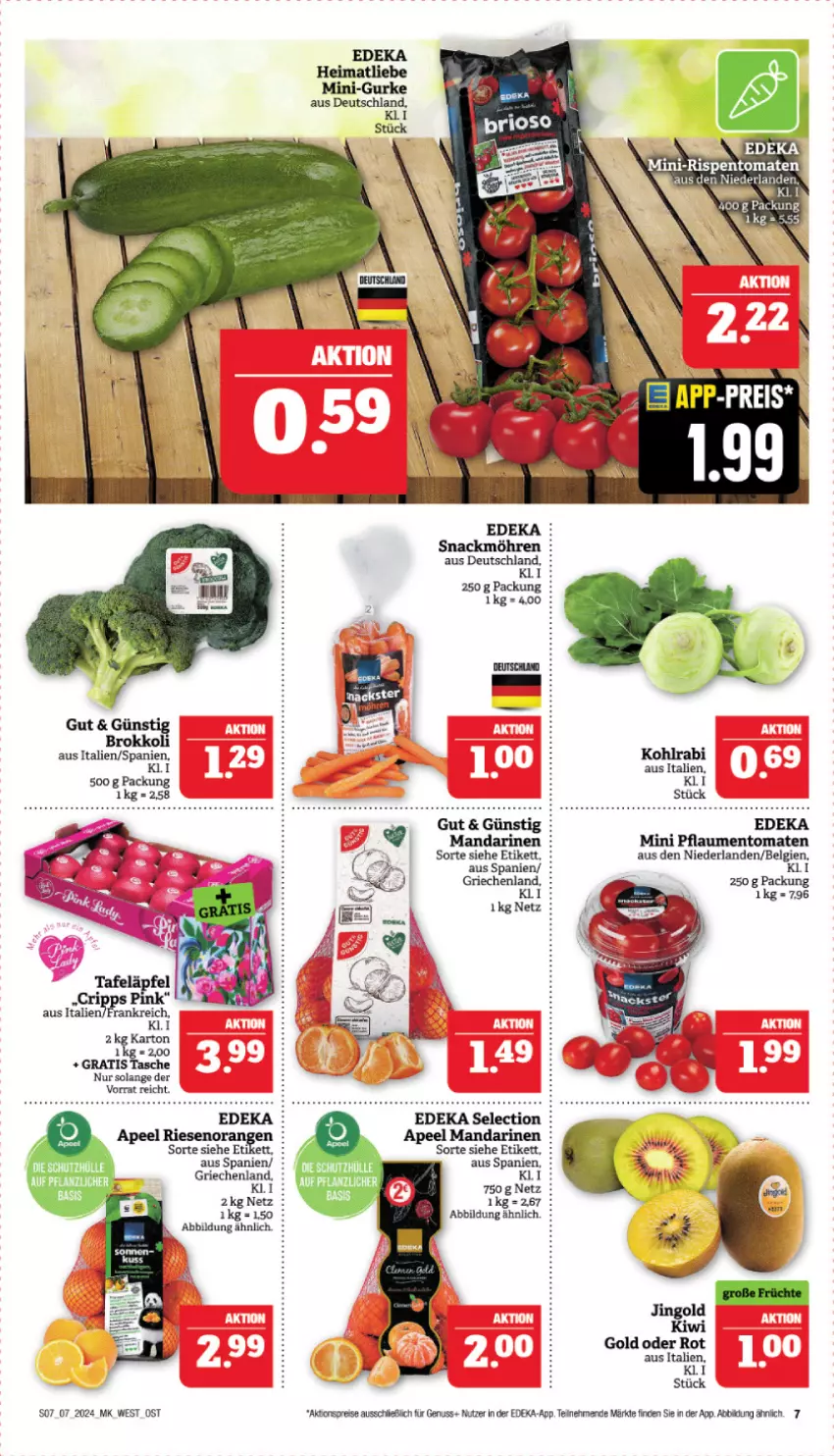 Aktueller Prospekt Marktkauf - Prospekt - von 11.02 bis 17.02.2024 - strona 7 - produkty: aktionspreis, brokkoli, deka, eis, gurke, kiwi, Kiwi Gold, kohlrabi, LG, mandarine, mandarinen, möhren, nuss, pflaume, pflaumen, reis, snack, tafeläpfel, Ti, tomate, tomaten