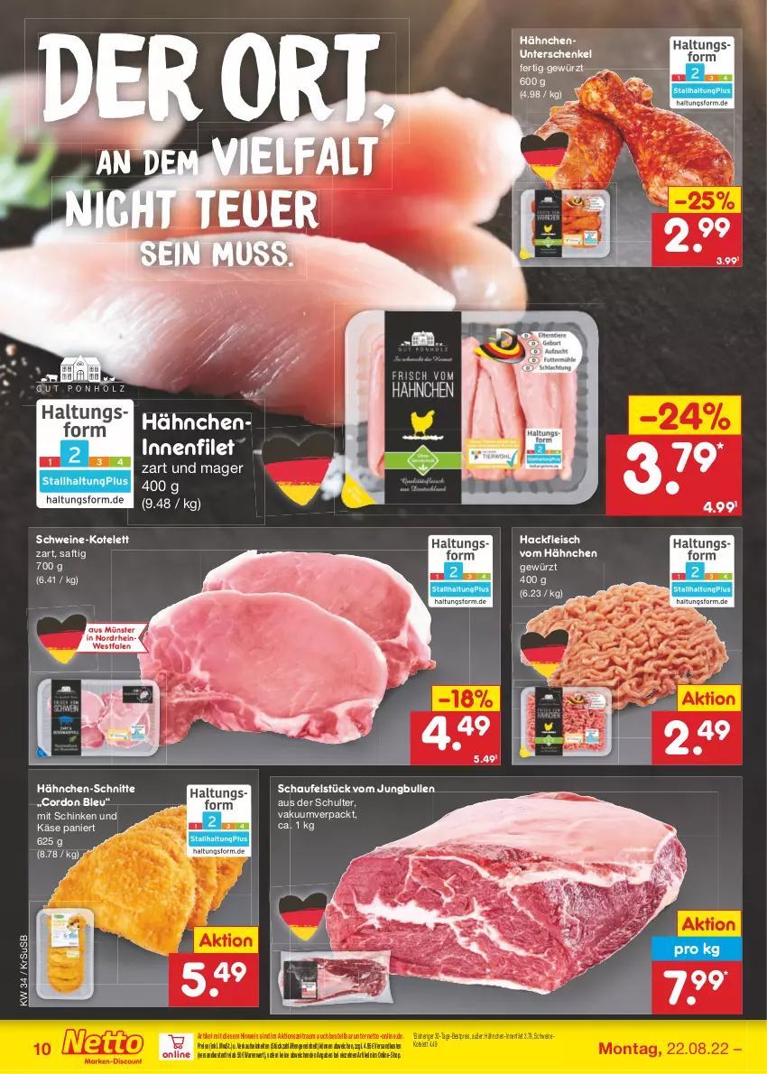 Aktueller Prospekt Netto Marken-Discount - Filial-Angebote - von 22.08 bis 27.08.2022 - strona 10 - produkty: bestpreis, cordon bleu, eis, filet, fleisch, gewürz, hackfleisch, henkel, jungbullen, Käse, kotelett, ndk, reis, saft, schenkel, schinken, schwein, schweine, schweinekotelett, Ti, usb, versandkostenfrei, wein, weine