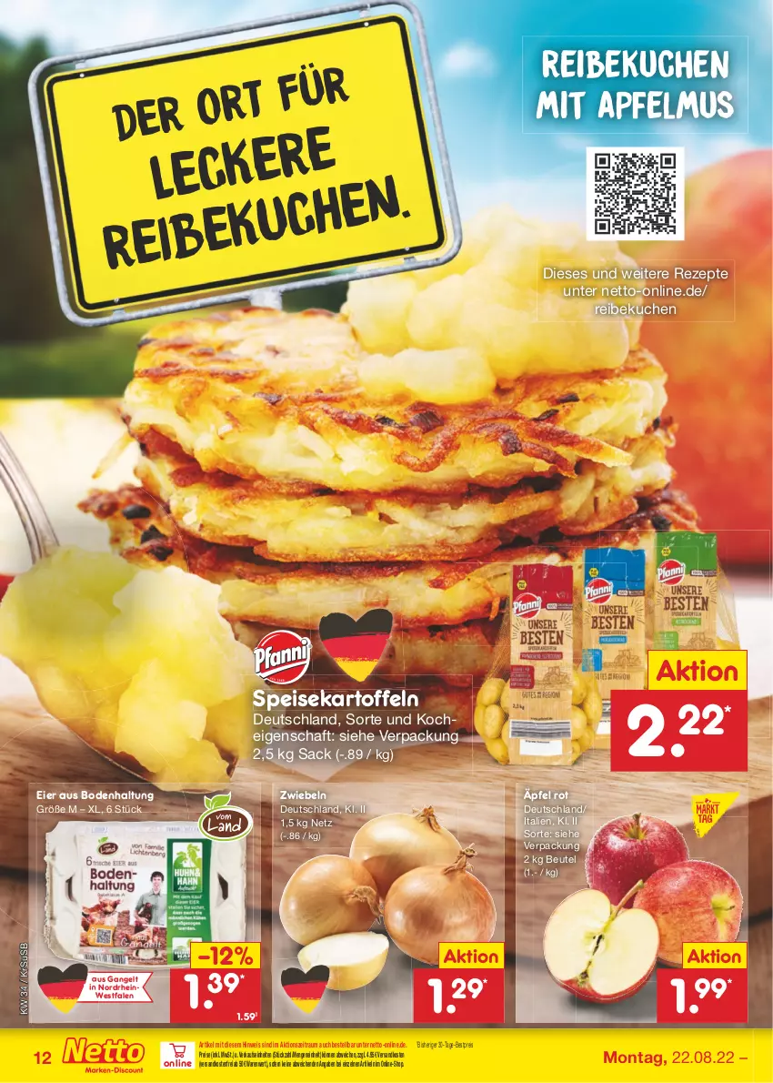 Aktueller Prospekt Netto Marken-Discount - Filial-Angebote - von 22.08 bis 27.08.2022 - strona 12 - produkty: apfel, apfelmus, bestpreis, beutel, eier, eis, kartoffel, kartoffeln, kuchen, ndk, reis, rezept, rezepte, sac, speisekartoffeln, Ti, usb, versandkostenfrei, zwiebel, zwiebeln