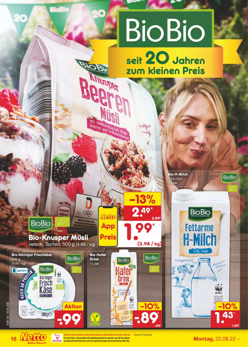 Aktueller Prospekt Netto Marken-Discount - Filial-Angebote - von 22.08 bis 27.08.2022 - strona 16 - produkty: bestpreis, bio, drink, eis, frischkäse, hafer, Käse, Körniger Frischkäse, milch, müsli, ndk, reis, Ti, usb, versandkostenfrei