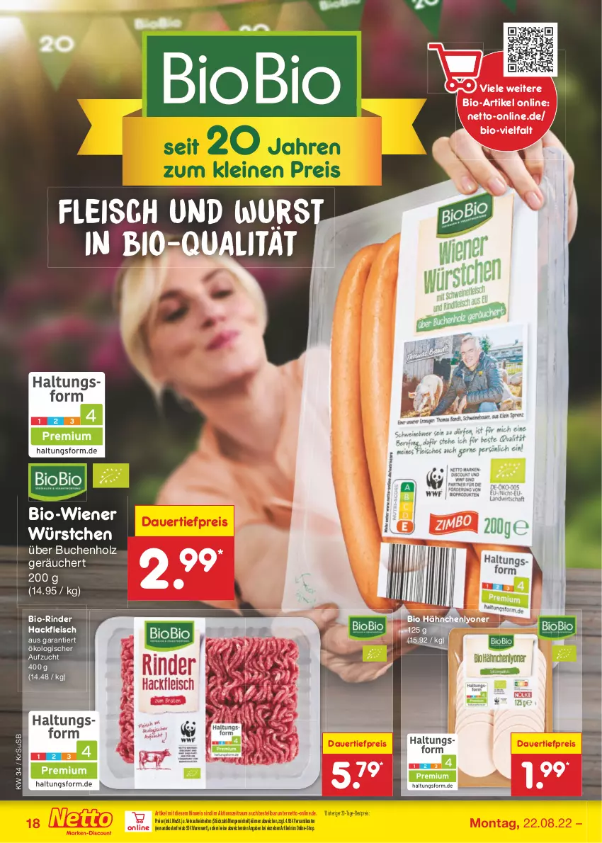 Aktueller Prospekt Netto Marken-Discount - Filial-Angebote - von 22.08 bis 27.08.2022 - strona 18 - produkty: auer, bestpreis, bio, buch, dauertiefpreis, eis, fleisch, hackfleisch, Holz, lyoner, ndk, reis, rind, rinder, Ti, tiefpreis, usb, versandkostenfrei, wiener, wiener würstchen, wurst, würstchen, Yo