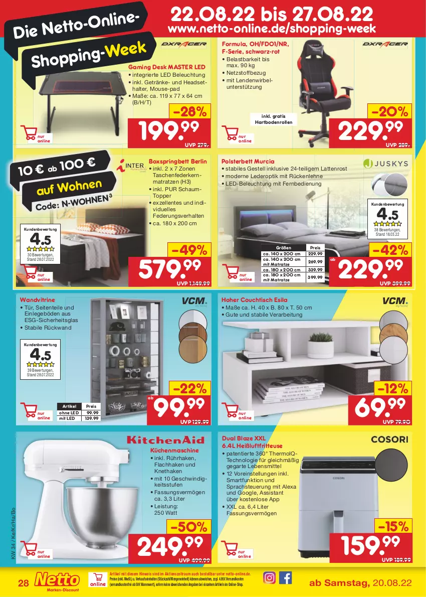 Aktueller Prospekt Netto Marken-Discount - Filial-Angebote - von 22.08 bis 27.08.2022 - strona 28 - produkty: alexa, beleuchtung, bett, boxspringbett, Couch, couchtisch, eis, elle, ente, federkern, federkernmatratze, fernbedienung, fritteuse, getränk, getränke, Headset, Heißluftfritteuse, kernmatratze, küche, Küchen, küchenmaschine, latte, lattenrost, lebensmittel, led-beleuchtung, matratze, matratzen, mit fernbedienung, Mode, ndk, polsterbett, reis, ring, rückenlehne, rückwand, Tasche, taschen, taschenfederkernmatratze, Ti, tisch, topper, versandkostenfrei, vitrine