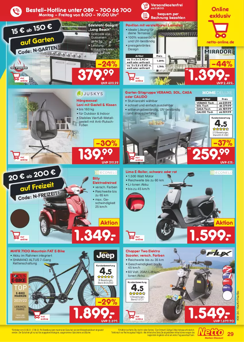 Aktueller Prospekt Netto Marken-Discount - Filial-Angebote - von 22.08 bis 27.08.2022 - strona 29 - produkty: akku, angebot, Dreirad, E-Bike, E-Roller, edelstahl, eis, Elektro, elle, erde, Garten, gasgrill, grill, grillrost, gutschein, gutscheine, hängesessel, Kette, kissen, LG, ndk, pavillon, reis, Roller, Schal, scooter, sessel, shimano, stuhl, telefon, Ti, tisch, uhr, versandkostenfrei, wasser, ZTE