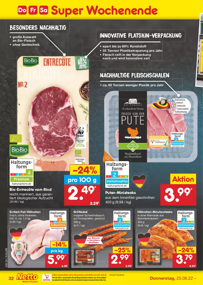 Aktueller Prospekt Netto Marken-Discount - Filial-Angebote - von 22.08 bis 27.08.2022 - strona 32 - produkty: asti, Bau, bestpreis, bio, eis, ente, entrecôte, filet, fleisch, gewürz, grill, Holz, kräuter, kräutern, marinade, minutensteaks, ndk, pute, reis, rind, Schal, Schale, schnitten, schwein, schweine, Schweinebauch, steak, steaks, Ti, usb, versandkostenfrei, wein, weine