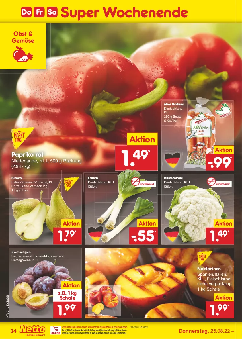 Aktueller Prospekt Netto Marken-Discount - Filial-Angebote - von 22.08 bis 27.08.2022 - strona 34 - produkty: asti, bestpreis, beutel, Birnen, blume, blumen, blumenkohl, eis, fleisch, möhren, ndk, Nektar, nektarinen, obst, paprika, paprika rot, reis, Schal, Schale, Ti, usb, versandkostenfrei