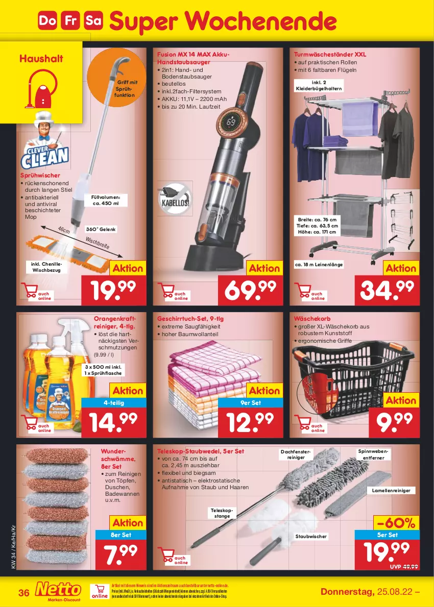 Aktueller Prospekt Netto Marken-Discount - Filial-Angebote - von 22.08 bis 27.08.2022 - strona 36 - produkty: akku, Bad, Badewanne, Bau, beutel, bodenstaubsauger, Brei, bügel, dusche, eis, Elektro, elle, fenster, flasche, geschirr, geschirrtuch, handstaubsauger, kleid, kleider, kleiderbügel, korb, kraft, leine, LG, ndk, orange, orangen, reiniger, reis, sprühflasche, staubsauger, staubwedel, Teleskop, Ti, tisch, tuc, versandkostenfrei, Wanne, wäschekorb, wedel