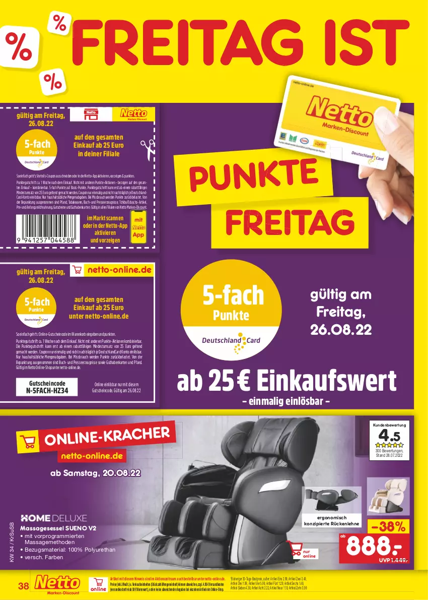 Aktueller Prospekt Netto Marken-Discount - Filial-Angebote - von 22.08 bis 27.08.2022 - strona 38 - produkty: bestpreis, buch, coupon, deutschlandcard, discount, eduscho, eis, erde, guthabenkarte, gutschein, gutscheine, korb, mac, marken-discount, milch, ndk, Rauch, reis, Ria, rückenlehne, sessel, Tchibo, Ti, usb, versandkostenfrei