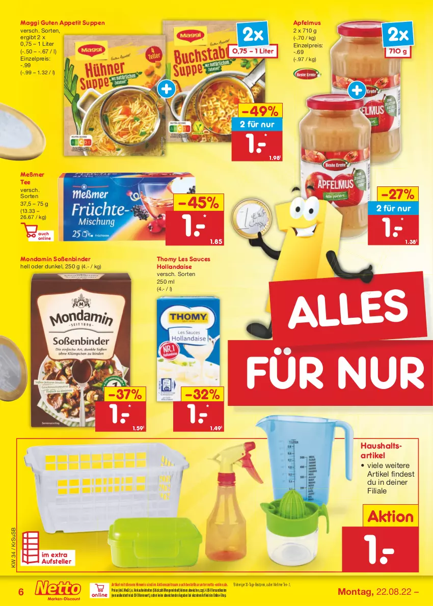 Aktueller Prospekt Netto Marken-Discount - Filial-Angebote - von 22.08 bis 27.08.2022 - strona 6 - produkty: apfel, apfelmus, bestpreis, eis, elle, hollandaise, maggi, Meßmer, mondamin, ndk, reis, sauce, Soße, suppe, suppen, tee, teller, thomy, thomy les sauces, Ti, usb, versandkostenfrei