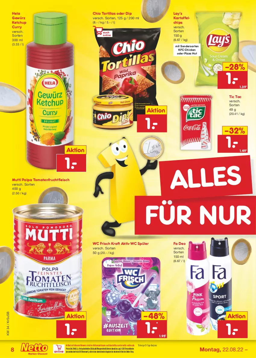 Aktueller Prospekt Netto Marken-Discount - Filial-Angebote - von 22.08 bis 27.08.2022 - strona 8 - produkty: bestpreis, chips, curry, deo, dip, eis, fleisch, frucht, fruchtfleisch, gewürz, Hela, kartoffel, kartoffelchips, ketchup, kraft, Mutti, ndk, pizza, reis, Ti, tomate, tomaten, tortilla, tortillas, usb, versandkostenfrei, wc frisch, WC Frisch Kraft Aktiv