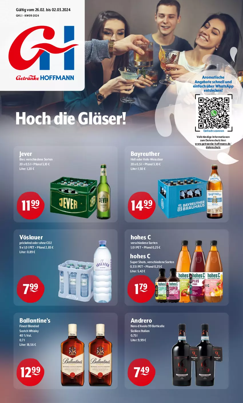 Aktueller Prospekt Getraenke Hoffmann - Prospekte - von 26.02 bis 02.03.2024 - strona 1 - produkty: angebot, angebote, auer, ball, bier, blended scotch, blended scotch whisky, decke, eis, elle, Gläser, Hefe, Hohes C, jever, nero, scotch, scotch whisky, Ti, tisch, vöslauer, weissbier, whisky