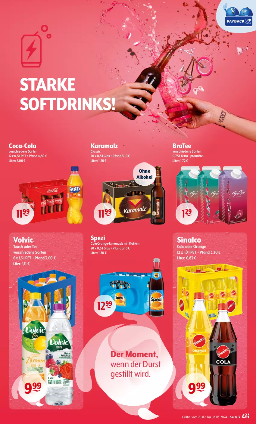 Aktueller Prospekt Getraenke Hoffmann - Prospekte - von 26.02 bis 02.03.2024 - strona 3 - produkty: alkohol, BraTee, coca-cola, cola, drink, drinks, karamalz, limo, limonade, malz, ohne alkohol, orange, rama, sinalco, Spezi, tee, Ti, volvic