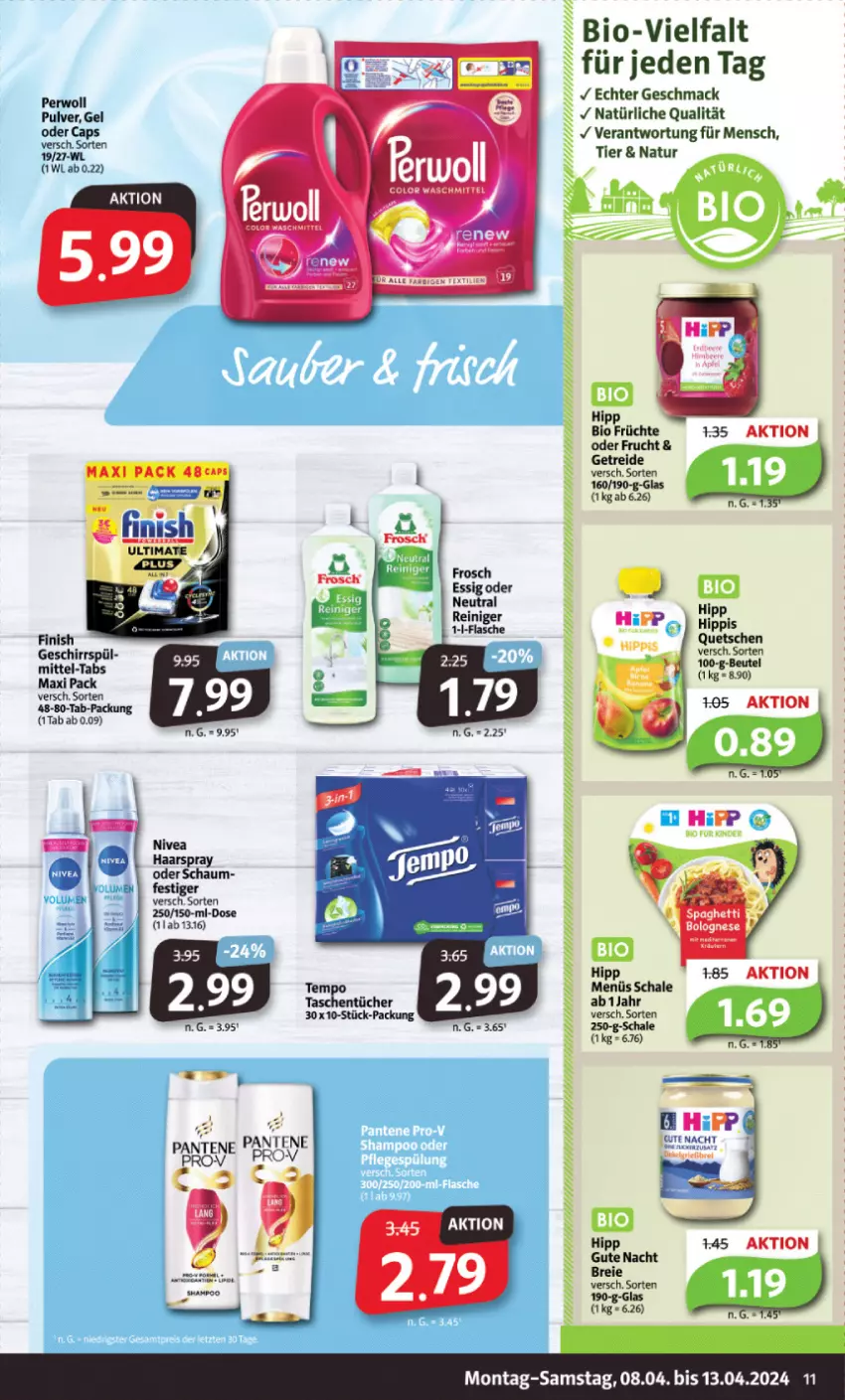 Aktueller Prospekt Markant - Prospekte - von 08.04 bis 13.04.2024 - strona 11 - produkty: beutel, bio, Brei, Cap, essig, Finish, Frosch, frucht, früchte, geschirr, haarspray, hipp, mac, natur, nivea, pantene, perwoll, reiniger, Schal, Schale, Tasche, taschen, taschentücher, Ti, tücher