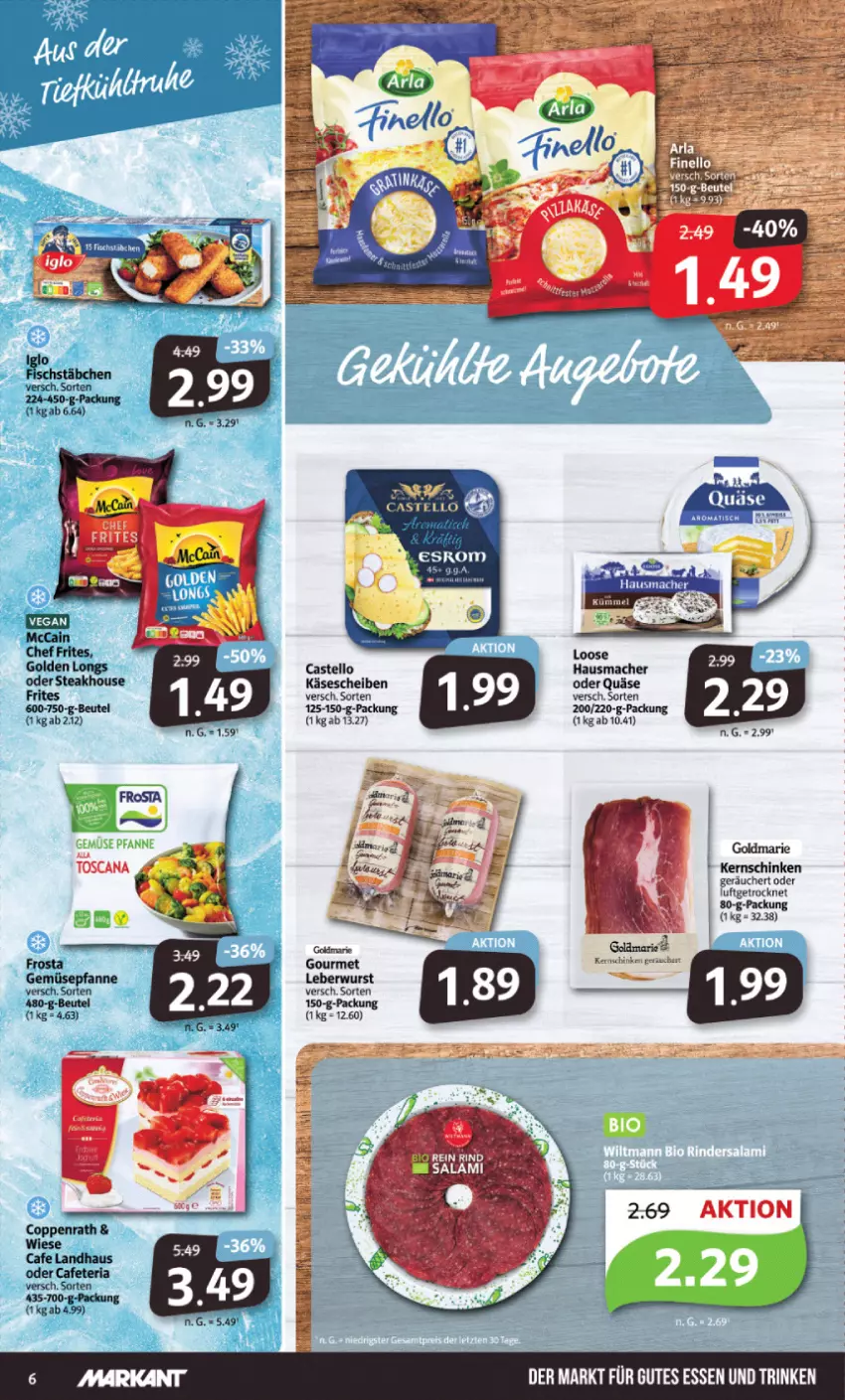 Aktueller Prospekt Markant - Prospekte - von 08.04 bis 13.04.2024 - strona 6 - produkty: beutel, frosta, Golden Longs, goldmarie, gutes essen, Hausmacher, Käse, käsescheiben, kernschinken, leberwurst, Loose, mac, mccain, pfanne, quäse, schinken, steak, Ti, wurst