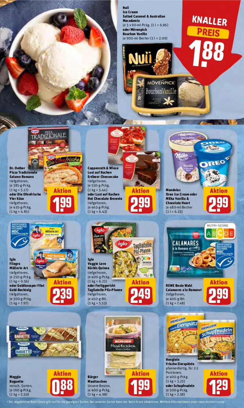 Aktueller Prospekt Rewe - REWE Ihr Kaufpark - von 20.06 bis 25.06.2022 - strona 10 - produkty: aust, baguette, Becher, bourbon, bourbon vanille, brownie, caramel, cheesecake, cola, coppenrath, die ofenfrische, Dr. Oetker, eier, eierspätzle, eis, elle, fertiggericht, filegro, filet, henglein, iglo, Käse, kuchen, Kürbis, Lust auf Kuchen, mac, macadamia, maultaschen, meggle, milka, mondelez, mövenpick, Müller, müllerin art, nudel, nudeln, nuii, Ofen, oreo, pfanne, pfannen, pizza, pizza tradizionale, quinoa, reis, rewe beste wahl, salame romano, tagliatelle, Tasche, taschen, Ti, tradizionale, vanille, veggie, Veggie Love