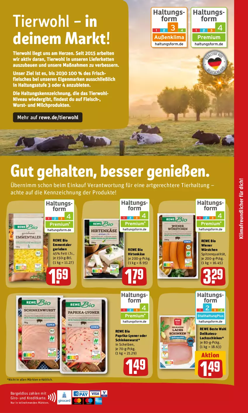 Aktueller Prospekt Rewe - REWE Ihr Kaufpark - von 20.06 bis 25.06.2022 - strona 17 - produkty: Bau, bio, eis, emmentaler, fleisch, hirtenkäse, HP, Käse, Kette, lachs, lachsschinken, lyoner, milch, nivea, paprika, rewe beste wahl, rewe bio, schinken, schinkenwurst, spitzenqualität, Ti, wiener, wiener würstchen, wurst, würstchen, Yo