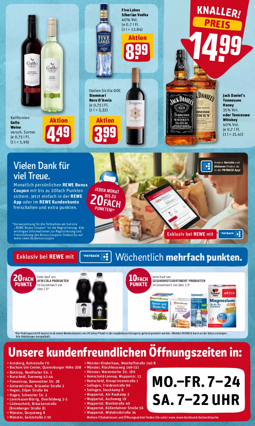 Aktueller Prospekt Rewe - REWE Ihr Kaufpark - von 20.06 bis 25.06.2022 - strona 21 - produkty: Afri Cola, angebot, angebote, Berger, burger, cola, coupon, coupons, eis, ente, erde, gallo, Gesundheit, jack daniel, Jack Daniel’s, Kinder, mac, nero, payback, reis, Ria, Schal, tennessee whiskey, Ti, uhr, vodka, wein, weine, whiskey