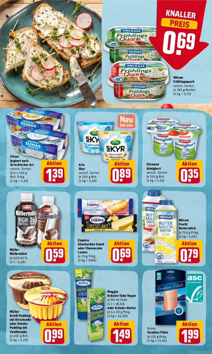 Aktueller Prospekt Rewe - REWE Ihr Kaufpark - von 20.06 bis 25.06.2022 - strona 9 - produkty: almighur, almighurt, arla, arla skyr, Becher, butter, buttermilch, cheesecake, ehrmann, ehrmann almighurt, elinas, elinas joghurt, elle, exquisa, filet, filets, forelle, frucht, joghur, joghurt, joghurt nach, Käse, käsekuchen, kirsch, kräuter, kräuter-butter, krone, kuchen, meggle, milch, milram, Müller, müllermilch, oder kräuter, pudding, quark, rel, schoko, Skyr, snack, Soße, Ti, vanille